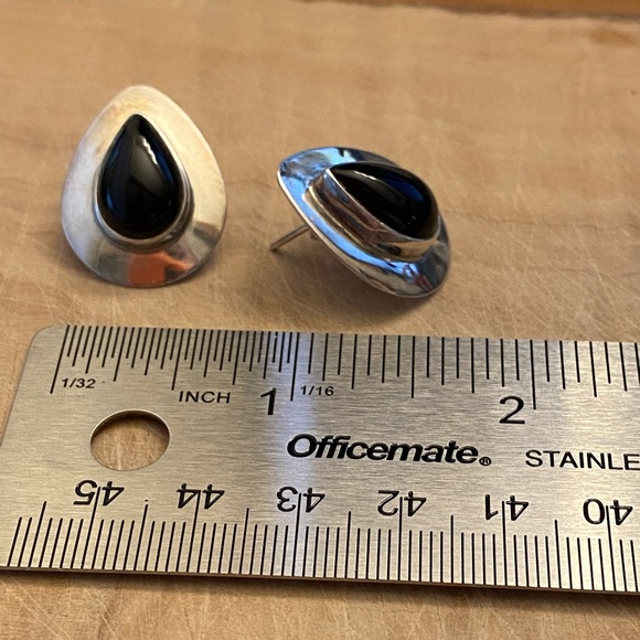 Vintage signed onyx teardrop 925 sterling silver earrings - Picture 3 of 6